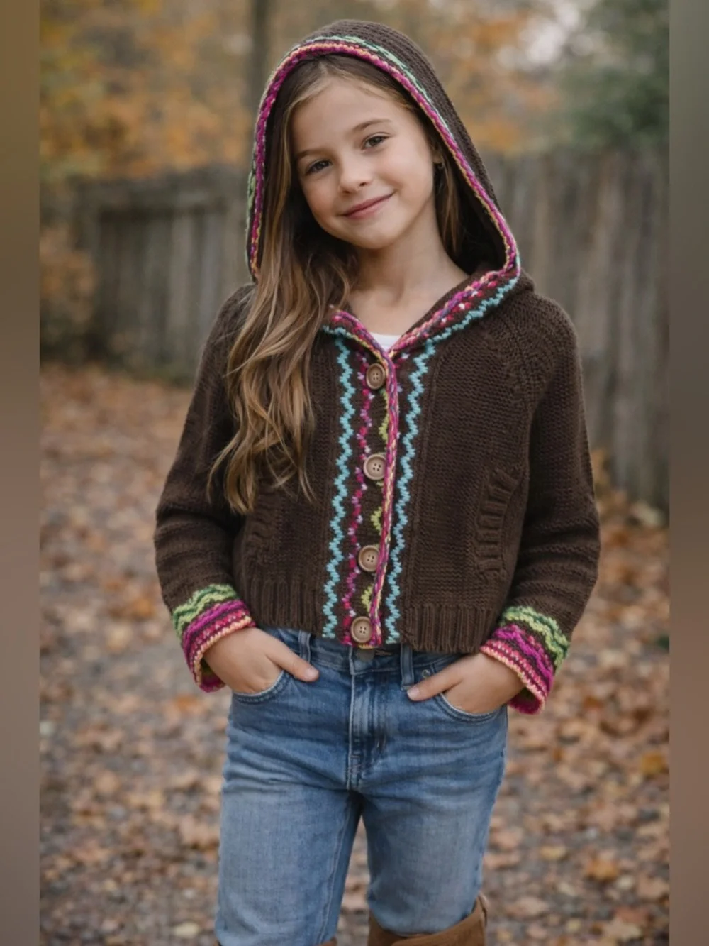 Gap Kids Brown Knit Cardigan Sweater Hooded Boho Trim Size M 8